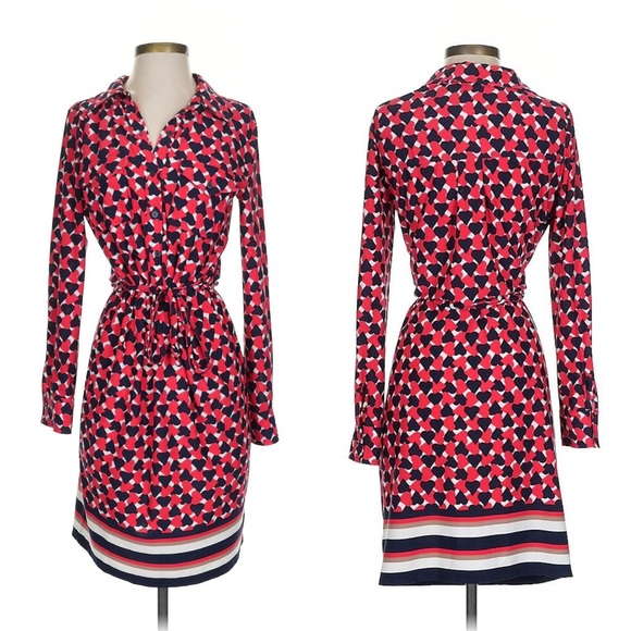 Ellen Tracy Long Sleeve Heart Print Stretch Jersey Red Navy Shirt Dress Small - Picture 1 of 16